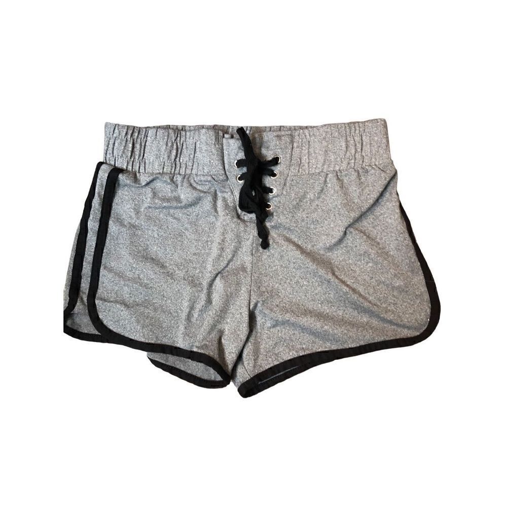 Rue 21 gray athletic running shorts with black trim and elastic waistband and cr